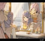  2girls bed breasts closed_mouth collarbone cosmetics dress earrings faris_scherwiz final_fantasy final_fantasy_v highres jewelry lenna_charlotte_tycoon lipstick_tube long_hair mirror multiple_girls nanpou_(nanpou0021) pink_hair princess purple_hair reflection short_hair siblings sisters smile 