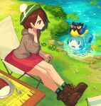  1girl animal_on_head arm_up bad_link bird bird_on_head boots brown_eyes brown_footwear brown_hair cardigan chair chorefuji curry day dress food gloria_(pokemon) grass green_headwear grey_cardigan hat knees lily_pad on_head outdoors pink_dress plaid plate pokemon pokemon_(creature) pokemon_(game) pokemon_on_head pokemon_swsh rookidee sitting smile sobble socks spoon table tam_o&#039;_shanter water 