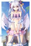  1girl absurdres azusa_(blue_archive) azusa_(swimsuit)_(blue_archive) bangs bead_necklace beads bikini bikini_skirt blue_archive blurry blurry_background crossed_bangs feathered_wings floating_hair flower frilled_bikini frills full_body hair_between_eyes hair_flower hair_ornament hair_ribbon halo highres jewelry knees_together_feet_apart long_hair looking_at_viewer midriff multicolored_bikini multicolored_clothes navel necklace pink_eyes platform_footwear purple_flower ribbon sandals simple_background solo strapless strapless_bikini swimsuit user_gzus8432 wedge_heels white_background white_hair white_wings wings 