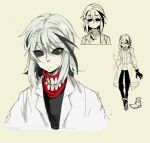  1girl black_hair black_sclera brown_background closed_mouth coat colored_sclera frown green_eyes grey_hair hair_between_eyes labcoat multicolored_hair multiple_views open_clothes open_coat original simple_background sketch standing streaked_hair teeth_print white_coat zone_luch 