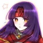  1girl bangs fire_emblem fire_emblem:_radiant_dawn headband highres long_hair looking_at_viewer misato_hao open_mouth outline parted_bangs purple_hair red_headband sanaki_kirsch_altina signature solo star_(symbol) upper_body white_background yellow_eyes 