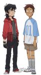  2boys ahoge bandaid bandaid_on_leg belt black_gloves black_hair black_pants blue_eyes brown_hair collared_shirt dark-skinned_male dark_skin denim eyugho-art fingerless_gloves gloves grey_shirt grey_socks hair_between_eyes hood hoodie jacket jeans keith_(voltron) lance_(voltron) long_hair looking_at_viewer male_child male_focus multiple_boys number_print pants red_footwear red_jacket shirt shoelaces shoes short_hair short_sleeves shorts sketch smile sneakers socks torn_clothes torn_pants violet_eyes voltron:_legendary_defender voltron_(series) white_background younger 