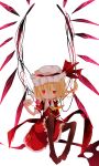  1girl absurdres adapted_costume black_thighhighs closed_mouth cup dress flandre_scarlet frilled_dress frills full_body hair_between_eyes hat hat_ribbon highres holding holding_cup looking_at_viewer mob_cap no_shoes puffy_short_sleeves puffy_sleeves red_dress red_eyes red_ribbon ribbon short_sleeves smile solo soru_(remonntteumai) thigh-highs touhou white_headwear wings 