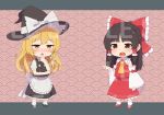  2girls apron ascot back_bow bangs bare_shoulders blonde_hair blush border bow braid brown_eyes brown_hair buttons chibi collared_shirt detached_sleeves dress eyes_visible_through_hair frills full_body grey_border grey_bow grey_dress grey_footwear grey_headwear hair_ornament hair_tubes hakurei_reimu hand_on_own_face hand_up hands_up hat hat_bow kanpa_(campagne_9) kirisame_marisa long_sleeves looking_at_viewer looking_up multiple_girls open_mouth outside_border pink_background pointing puffy_short_sleeves puffy_sleeves red_bow red_footwear red_shirt red_skirt shirt shoes short_sleeves single_braid skirt socks standing teeth tongue touhou wavy_background white_apron white_bow white_shirt white_socks wide_sleeves witch_hat yellow_ascot 