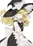  1girl absurdres apron black_dress black_headwear bow braid dress dress_grab floating_hair hat hat_bow head_tilt highres huge_bow kirisame_marisa long_hair looking_at_viewer miluchi side_braid solo touhou white_apron white_bow witch_hat yellow_eyes 
