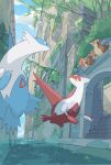  balcony blue_sky claws closed_mouth clouds cloudy_sky commentary_request flying highres latias latios leaning_forward looking_at_another momota_pix no_humans open_mouth outdoors pidgey pokemon pokemon_(creature) red_eyes sky stairs water yellow_eyes 