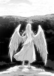  1other angel angel_wings barefoot cliff copyright_request dress facing_away from_behind greyscale halo kankan33333 long_hair monochrome outdoors wings 