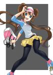  1girl :d black_pantyhose blue_eyes border bow bright_pupils brown_hair commentary_request double_bun doughnut_hair_bun grey_background hair_bun happy highres holding holding_poke_ball ia_(ilwmael9) legs_apart legwear_under_shorts long_hair looking_at_viewer open_mouth pantyhose pink_bow poke_ball poke_ball_(basic) pokemon pokemon_(game) pokemon_bw2 raglan_sleeves rosa_(pokemon) short_shorts shorts smile solo teeth tongue twintails upper_teeth visor_cap white_border white_headwear white_pupils yellow_shorts 