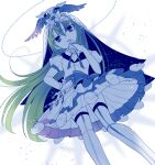  1girl alina_gray aqua_eyes ayumaru_(art_of_life) bow breasts earrings green_hair hair_between_eyes holy_alina jewelry long_hair long_sleeves magia_record:_mahou_shoujo_madoka_magica_gaiden magical_girl mahou_shoujo_madoka_magica pleated_skirt puffy_sleeves red_bow simple_background skirt solo thigh-highs very_long_hair white_skirt wings 