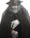  1boy abigail_williams_(fate) absurdres beard black_cape black_headwear button_eyes cape character_doll character_request facial_hair fate/grand_order fate_(series) grey_hair hat highres kankan33333 lavinia_whateley_(fate) looking_at_viewer male_focus old old_man pale_skin rope simple_background solo white_background 