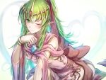  1girl absurdres bare_shoulders bracelet clear_glass_(mildmild1311) dragonstone dress fire_emblem fire_emblem:_mystery_of_the_emblem fire_emblem_awakening fire_emblem_heroes green_eyes green_hair highres jewelry long_hair looking_at_viewer necklace official_alternate_costume one_eye_closed pink_dress pointy_ears ponytail short_dress side_slit signature simple_background sitting smile solo stone tiara tiki_(fire_emblem) twitter_username upper_body 