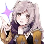  1girl :d book brown_eyes collarbone fire_emblem fire_emblem_awakening grey_hair highres holding holding_book lightning_bolt_symbol long_hair long_sleeves looking_at_viewer misato_hao open_book open_mouth robe robin_(fire_emblem) robin_(fire_emblem)_(female) simple_background smile solo star_(symbol) twintails white_background 