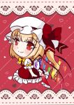  1girl back_bow bangs blonde_hair blunt_bangs bow bowtie chibi closed_mouth commentary_request diagonal_stripes flandre_scarlet floral_background frilled_bowtie frilled_skirt frilled_sleeves frills from_side hat hat_ribbon heart long_hair mizukura-mk2 mob_cap multicolored_wings puffy_short_sleeves puffy_sleeves rainbow_order rainbow_wings red_background red_eyes red_ribbon red_skirt red_vest ribbon rose_background shirt short_sleeves side_ponytail simple_background skirt skirt_set smile solo striped striped_background touhou vest white_bow white_headwear white_shirt wings yellow_bow yellow_bowtie 