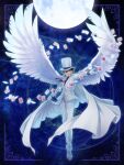  1boy blue_eyes blue_shirt brown_hair collared_shirt feathered_wings formal framed full_body gloves grin hat jacket kaitou_kid long_sleeves looking_at_viewer magic_kaito male_focus monocle necktie pant_suit pants red_necktie remsor076 shirt short_hair smile solo suit white_gloves white_headwear white_jacket white_pants white_wings wing_collar wings 