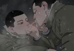  2boys black_eyes buzz_cut cigarette coat donlemefo facial_hair golden_kamuy highres long_sleeves male_focus mouth_hold multiple_boys ogata_hyakunosuke outdoors short_hair smoking snowing stubble upper_body usami_tokishige very_short_hair 