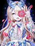  1girl alice_(grimlight) apron bandaged_arm bandages blonde_hair blue_bow blue_choker blue_dress bow choker dress flower frills grimlight hair_bow hair_over_one_eye highres long_hair multicolored_bowtie open_mouth petals puffy_sleeves red_flower redblack_2468 rose smile solo white_eyes 