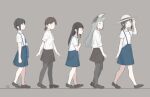  5girls black_hair black_pantyhose blue_skirt brown_hair brown_shirt collared_shirt cosplay dress_shirt floating_headgear fubuki_(kancolle) grey_background grey_hair hat hatsuyuki_(kancolle) headgear kantai_collection kusakasima long_hair low_twintails matching_outfit medium_hair miyuki_(kancolle) miyuki_(kancolle)_(cosplay) multiple_girls murakumo_(kancolle) official_alternate_costume pantyhose shirayuki_(kancolle) shirt short_hair sidelocks simple_background skirt sun_hat suspenders twintails walking white_shirt 