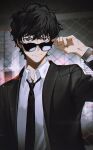  1boy bangs black_eyes black_jacket black_necktie btmr_game building chain-link_fence closed_mouth fence hair_between_eyes highres holding holding_eyewear jacket long_sleeves looking_at_viewer male_focus matsuda_jinpei meitantei_conan necktie open_clothes open_jacket shirt signature skyscraper solo sparkle sunglasses upper_body white_shirt 