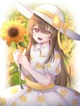  1girl :d assault_lily bangs blurry blurry_background blush bow brown_eyes brown_hair collared_dress commentary_request day dress fingernails floral_background floral_print flower gradient gradient_background hair_between_eyes hands_up hat hat_bow heterochromia highres holding holding_flower jewelry kuo_shenlin long_hair looking_at_viewer nail_polish open_mouth outdoors print_dress puffy_short_sleeves puffy_sleeves red_eyes ring short_sleeves sidelocks smile solo standing sun_hat sunflower teeth upper_body very_long_hair white_background white_dress white_headwear yellow_bow yellow_flower yellow_nails yubari_lemon_(lemonlilie) 