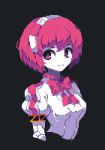  1girl 4qw5 android black_background bow bowtie closed_mouth cropped_torso dorothy_haze long_sleeves looking_at_viewer pink_bow pink_bowtie pink_eyes pink_hair pixel_art short_hair simple_background smile solo va-11_hall-a 