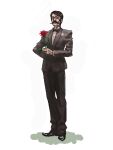  1boy black_bow black_bowtie black_footwear black_hair black_suit bow bowtie facial_hair flower formal full_body holding holding_flower kanno_ponta long_sleeves looking_at_viewer male_focus mustache one-punch_man pocket_square shoes simple_background solo spring_mustachio standing suit white_background 