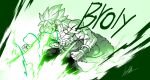  1boy broly_(dragon_ball_super) character_name clenched_hands cross_scar dragon_ball dragon_ball_super fingernails glowing glowing_eyes green_theme highres male_focus monochrome motion_lines muscular muscular_male no_pupils open_mouth scar scar_on_chest scar_on_face signature solo spiky_hair teeth topless_male torn torn_clothes zone_luch 
