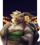  2boys animal_ears animal_nose bandaid bandaid_on_face bandaid_on_nose blue_kimono blush brown_fur brown_hair closed_eyes crossdressing dog_boy dog_ears fangs fangs_out furry furry_male fuyodo highres japanese_clothes kimono male_focus master_1_(housamo) moritaka_(housamo) multiple_boys obi open_mouth orb pillarboxed pink_kimono plump polka_dot sash scar scar_on_face short_hair sideburns signature smile snout starry_background thick_eyebrows tokyo_afterschool_summoners twitter_username 
