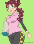  1girl :d bag blush braid braided_ponytail breasts brown_hair commentary_request eyelashes from_below glasses green_background green_bag green_eyes hand_up highres holding_strap jewelry long_hair necklace open_mouth pants pokemon pokemon_(anime) pokemon_journeys shinohara_takashi shirt short_sleeves simple_background smile solo sweater talia_(pokemon) tongue watch watch 