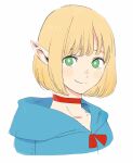  1girl alternate_hair_length alternate_hairstyle bangs blonde_hair bob_cut choker closed_mouth dungeon_meshi elf frs2 green_eyes highres looking_at_viewer marcille pointy_ears portrait short_hair simple_background smile solo white_background 