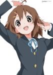  1girl :d absurdres arm_up bangs blazer blue_jacket blue_ribbon brown_eyes brown_hair commentary_request hair_ornament hairclip highres hirasawa_yui holding holding_hair jacket k-on! long_sleeves looking_at_viewer neck_ribbon open_mouth ribbon sakuragaoka_high_school_uniform school_uniform shirt short_hair simple_background smile solo teeth upper_body upper_teeth white_background white_gorilla_(okamoto) white_shirt 