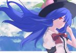  1girl black_headwear blue_hair bow bowtie closed_mouth clouds commentary day floating_hair hair_between_eyes hand_in_own_hair hand_up hat highres hinanawi_tenshi leaf long_hair looking_at_viewer peach_hat_ornament red_bow red_bowtie red_eyes sakura_toji shirt sky smile solo touhou upper_body very_long_hair white_shirt 