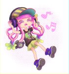  1girl baseball_cap black_shirt bracelet colored_eyelashes drooling fish full_body gradient_hair green_skirt harmony&#039;s_clownfish_(splatoon) harmony_(splatoon) hat headphones headphones_over_headwear highres jewelry light_green_hair long_hair multicolored_eyes multicolored_hair musical_note no_eyebrows no_nose open_mouth pink_hair purple_footwear ricco_(pixiv74946264) shirt shoes short_sleeves skirt splatoon_(series) splatoon_3 striped striped_headwear tentacle_hair two-tone_hair white_background 