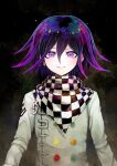  1boy absurdres bangs black_scarf buttons checkered_clothes checkered_scarf closed_mouth danganronpa_(series) danganronpa_v3:_killing_harmony double-breasted gradient gradient_background grey_jacket hair_between_eyes highres jacket long_sleeves male_focus medium_hair ouma_kokichi pink_eyes purple_hair scarf smile solo upper_body white_scarf youko-shima 