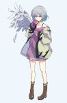  1girl adapted_costume boots brown_footwear closed_mouth collarbone dress feathered_wings grey_background grey_hair grey_jacket grey_wings hair_between_eyes highres jack_(wkm74959) jacket kishin_sagume long_sleeves one-hour_drawing_challenge open_clothes open_jacket purple_dress red_eyes short_hair simple_background single_wing sleeves_past_wrists solo touhou wings 