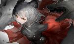  1girl 24kswj-shouwangjun animal animal_ears arknights black_shirt blood breasts dog_tags fangs grey_background grey_hair highres jacket jewelry knife knife_in_mouth long_hair looking_at_viewer medium_breasts mouth_hold necklace open_clothes open_jacket projekt_red_(arknights) red_jacket shirt short_hair simple_background solo tooth_necklace upper_body wolf wolf_ears wolf_girl yellow_eyes 