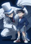  2boys black_hair blue_eyes blue_jacket blue_shirt bow bowtie cape closed_mouth collared_shirt dress_shirt edogawa_conan formal glasses gloves grey_shorts grin hand_in_pocket hat highres jacket kaitou_kid long_sleeves magic_kaito male_child male_focus meitantei_conan monocle multiple_boys necktie pant_suit pants red_bow red_bowtie red_footwear red_necktie remsor076 shirt short_hair short_shorts shorts smile socks suit white_cape white_gloves white_headwear white_jacket white_pants white_shirt white_socks wing_collar 
