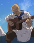  1boy blonde_hair braid braided_beard chef_hat chef_uniform facial_hair fengcheche guitar hat hat_removed headwear_removed highres instrument looking_down music mustache one_piece parted_lips playing_instrument red_shoes_zeff short_hair sitting sky smile 