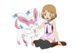  1girl :d bare_arms black_thighhighs blue_eyes blue_ribbon boots brown_footwear brown_hair commentary_request dress eyelashes hand_up happy highres ia_(ilwmael9) neck_ribbon open_mouth pink_dress pokemon pokemon_(anime) pokemon_(creature) pokemon_xy_(anime) ribbon serena_(pokemon) short_hair simple_background sitting smile sylveon thigh-highs tongue white_background 