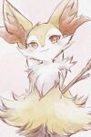  1girl :3 animal_ear_fluff animal_ears animal_nose arms_behind_back blush body_fur braixen chiko_(chi_p_71) closed_mouth commentary cowboy_shot flat_chest fox_ears fox_girl fox_tail fur_collar furry furry_female happy highres looking_at_viewer pokemon pokemon_(creature) red_background red_eyes simple_background sketch smile snout solo standing stick tail traditional_media two-tone_fur white_fur yellow_fur 
