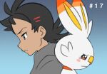  1boy antenna_hair back-to-back bangs black_hair blue_background blue_eyes blush_stickers closed_mouth commentary_request frown goh_(pokemon) grey_shirt looking_down male_focus medium_hair pokemon pokemon_(anime) pokemon_(creature) pokemon_journeys scorbunny shinohara_takashi shirt tearing_up upper_body 