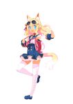  1girl absurdres animal_ear_fluff animal_ears backpack bag blonde_hair blue_eyes blue_footwear blue_skirt coin detached_sleeves disgaea dog_ears dog_girl dog_tail extra_ears fang full_body gold hair_ornament high-waist_skirt highres koban_(gold) loafers makai_senki_disgaea_7 nagano_tsukasa neckerchief open_mouth outstretched_arm photoshop_(medium) pointy_ears shoes simple_background skirt solo strap_pull tail thigh-highs white_background white_thighhighs zettai_ryouiki 