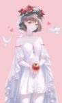  1girl apple bangs bird blush brown_hair commentary_request dove dress flower food fruit grimlight head_wreath heart highres korean_commentary pink_background red_flower short_hair smile snow_white_(grimlight) solo strapless strapless_dress veil vennie white_dress 