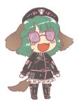  1girl animal_ears anonymous_(japanese) black_dress black_footwear black_headwear blush boots dog_ears dog_tail dress fangs frilled_dress frills full_body green_eyes green_hair gyate_gyate hat jaggy_lines kasodani_kyouko knee_boots long_sleeves open_mouth short_hair smile solo tail touhou touhou_lost_word transparent_background 