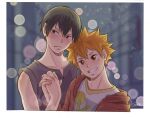  2boys ainudraws black_hair blue_eyes closed_mouth grey_tank_top haikyuu!! highres hinata_shouyou jacket kageyama_tobio male_focus multicolored_hair multiple_boys orange_eyes orange_hair red_jacket shirt smile streaked_hair tank_top teeth white_shirt 