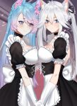  2girls absurdres ahoge animal_ear_fluff animal_ears apron asymmetrical_docking backless_outfit black_choker blue_eyes blue_hair blush breast_press breasts choker commentary elbow_gloves english_commentary eyes_visible_through_hair flower-shaped_pupils gloves highres holding_hands large_breasts long_hair looking_at_viewer lulanoon maid maid_apron multicolored_hair multiple_girls pink_hair silvervale streaked_hair symbol-shaped_pupils symmetrical_docking twintails vei_(vtuber) virtual_youtuber vshojo white_gloves white_hair 
