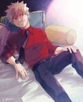  1boy adcalcium bakugou_katsuki belt black_belt black_necktie black_pants blonde_hair boku_no_hero_academia collared_shirt commentary_request grin hand_on_own_knee highres long_sleeves looking_at_viewer lying male_focus necktie on_back on_bed pants pillow red_eyes red_shirt shirt short_hair signature smile solo spiky_hair 
