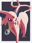  black_background blurry border commentary_request espeon forked_tail highres jewelry kuchiba_(jret2454) looking_at_viewer necklace no_humans pokemon pokemon_(creature) signature solo standing tail white_border 