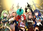  5girls :d ;d ahoge animal_ears anniversary bangs belt black_hair blue_eyes blue_hair blue_leotard blue_ribbon blurry bokeh braid braided_bangs brown_capelet brown_cloak brown_eyes brown_hair capelet ceres_fauna cloak clothing_cutout commentary_request crop_top dagger dark-skinned_female dark_skin ddolbang depth_of_field detached_sleeves dress english_commentary feather_hair_ornament feathers flower gloves green_hair grin hair_flower hair_intakes hair_ornament hair_over_one_eye hairclip hakos_baelz halter_top halterneck head_chain highres holocouncil hololive hololive_english knife korean_commentary lantern leotard limiter_(tsukumo_sana) long_hair mechanical_halo mixed-language_commentary mole mole_under_eye mouse_ears mouse_tail multicolored_hair multiple_girls nanashi_mumei one_eye_closed ouro_kronii partially_fingerless_gloves pinstripe_pattern pleated_skirt pointing pointing_up ponytail pouch red_skirt redhead ribbon sailor_collar sharp_teeth shirt short_hair skirt smile streaked_hair striped tail teeth tsukumo_sana turtleneck underboob_cutout very_long_hair virtual_youtuber weapon white_hair white_shirt 