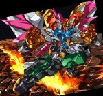 clenched_hands el_dorado_v flying gao_ex_kaiser green_eyes gunxsword looking_ahead mecha mechanical_wings molten_rock robot science_fiction solo super_robot v-fin wings 