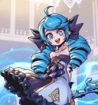  1girl :d ahoge arms_behind_back bangs bare_shoulders black_bow black_dress bow breasts collarbone commentary_request cowboy_shot detached_sleeves dress green_eyes green_hair grey_dress gwen_(league_of_legends) hair_bow holding holding_scissors indoors league_of_legends long_hair multicolored_background phantom_ix_row scissors shiny shiny_hair small_breasts smile solo strapless strapless_dress teeth tongue twin_drills twintails upper_teeth 